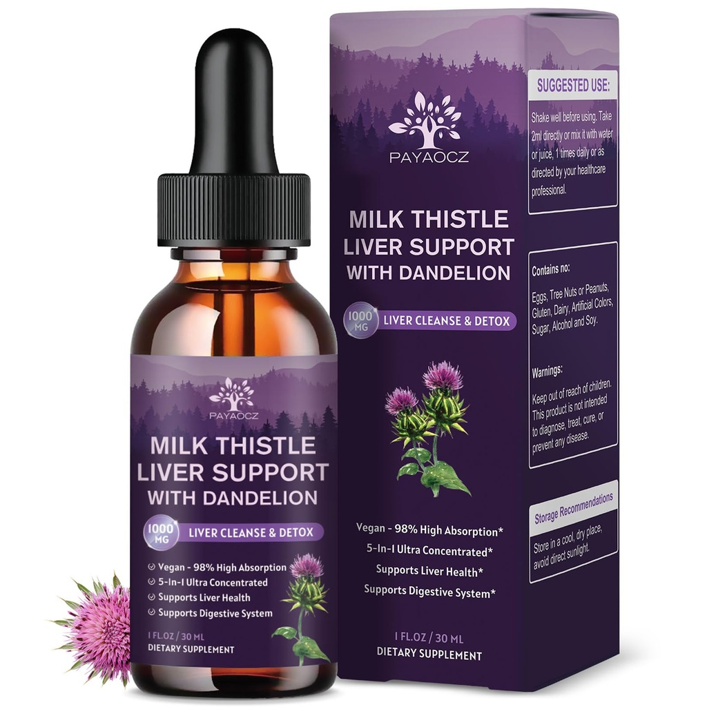 (4 Pack) Süt Butle Liquid Drops Silymarin 1000 mg, Liver Supplement Detox & Cleanse with Dandelion & Artichoke, Milk Thistle Organic Extract for Support Repair Liver Health, Vegan, Non-GMO, 1 Fl Oz