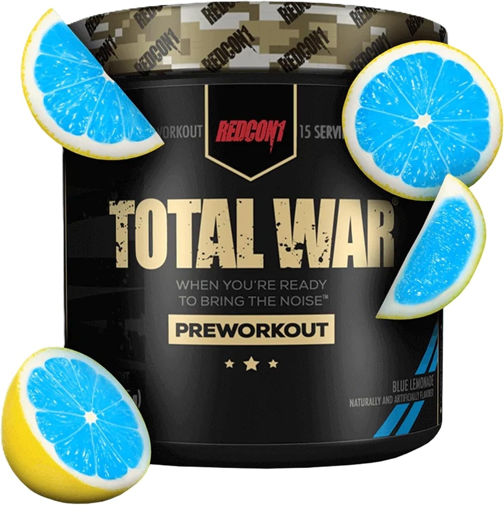REDCON1 Total War Pre Workout, Blue Lemonade - Endurance, Alertness, Pump Boosting Citrulline Malate & Beta Alanine - Fast Acting, Caffeinated Preworkout for Men & Women (15 Servisler)