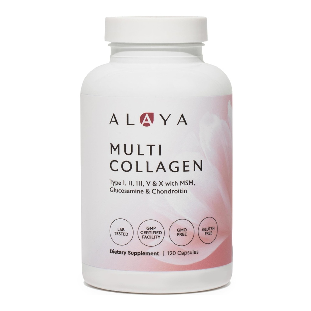 Alaya Naturals Hydrolyzed Multi Collagen Capsule Protein Capsules - Tip I, II, III, V, X Grass-Fed Bovine, Chicken, Marine Collagen Supplement with MSM + GC (Capsules - 120 Count)