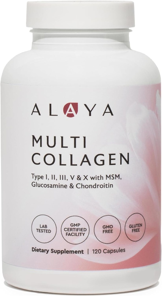 Alaya Naturals Hydrolyzed Multi Collagen Capsule Protein Capsules - Tip I, II, III, V, X Grass-Fed Bovine, Chicken, Marine Collagen Supplement with MSM + GC (Capsules - 120 Count)