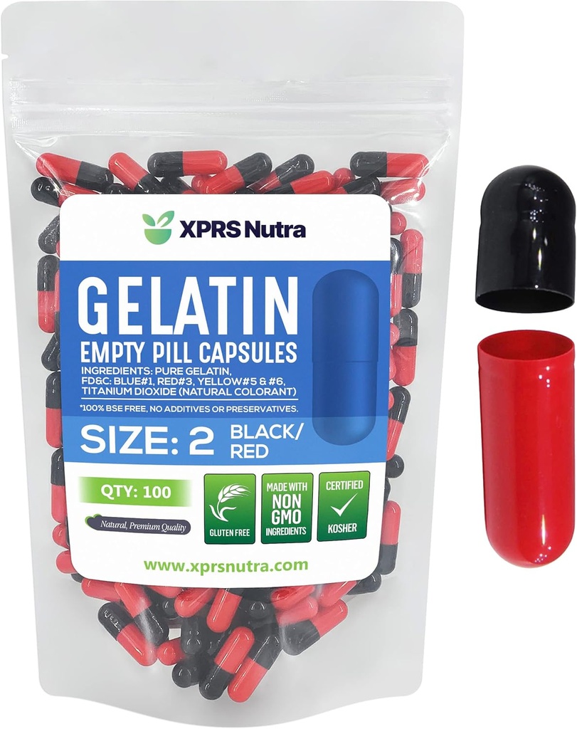 XPRS Nutra Boyutu 2 Boş Kapsüller - 100 Kont Boş Gelatin Capsules - Pills DIY Capsule - Pure Bovine Pill Gel Caps For Do-It- Yourself Supplements (Black/Red)