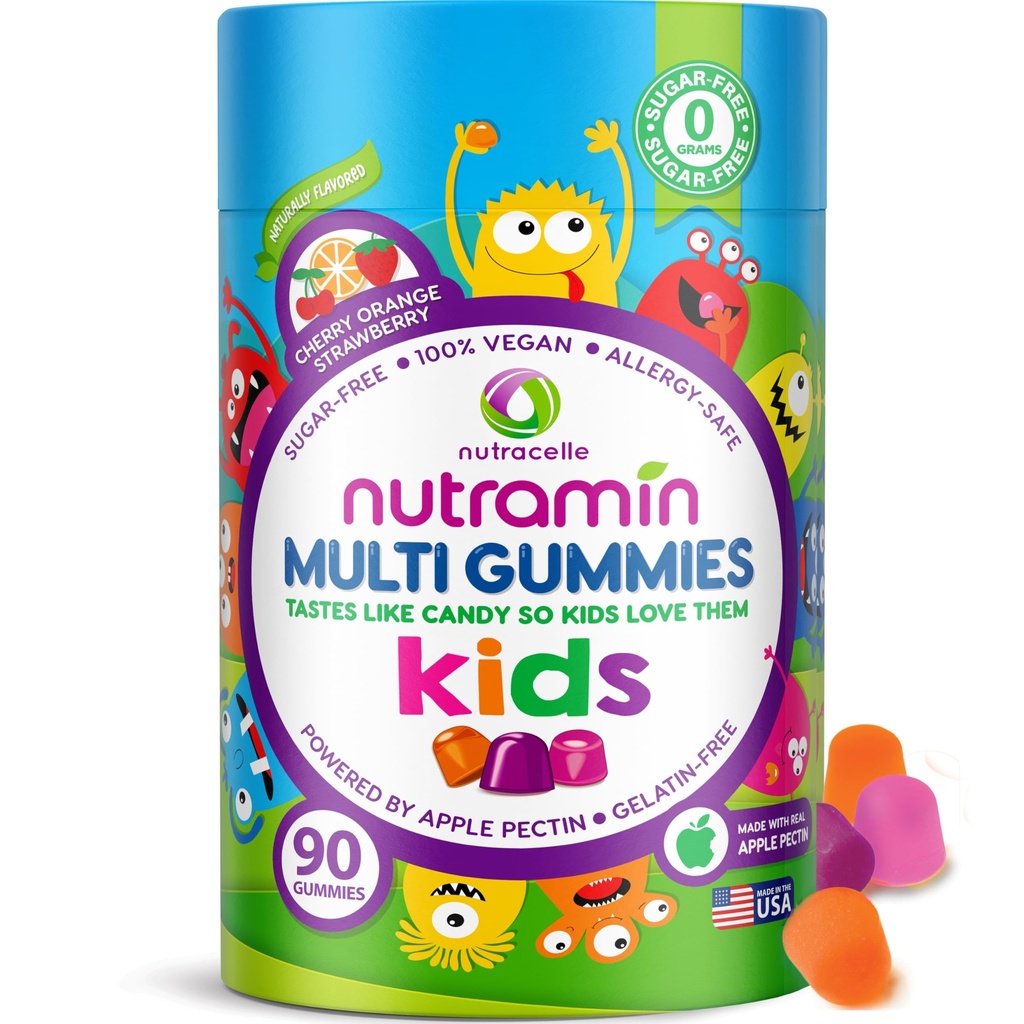 Nutracelle NUTRAMIN Χωρίς ζάχαρη, Allergen-Free 100% Vegan Gummy Πολυβιταμίνες για παιδιά - Μεγάλη γεύση Φυσικές Gummies Τα παιδιά σας θα αγαπήσουν - 90 Count Bottle