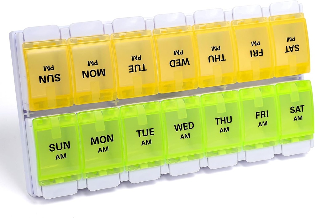 Sukuos AM PM Weekly Pill Organizer 7 Day, 2 Times A Day Medicine Pill Box with Easy Push Düğme, BPA Free Vitamin Cases for Fish Oil /Supplements, Easy to Clean (Yellow&Green)