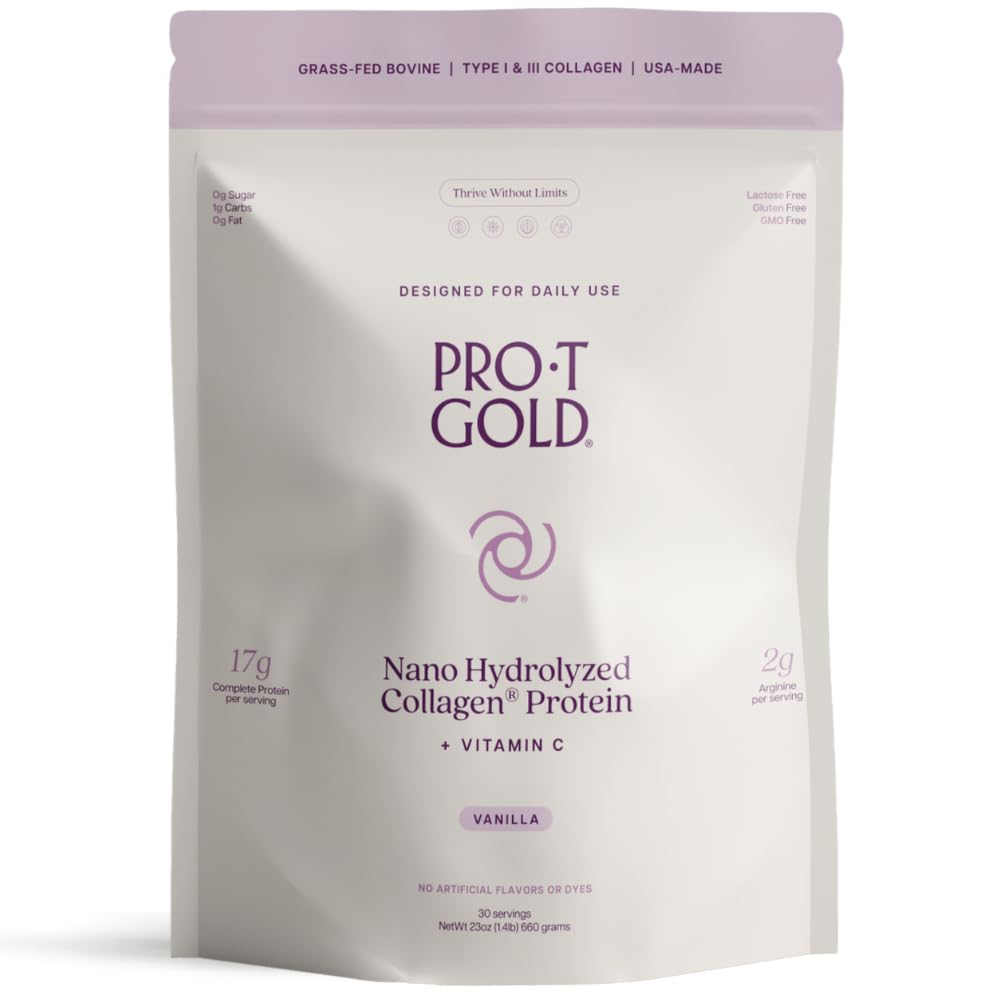 ProT Gold Collagen Protein Powder, 17g Protein Nano Hydrolyzed & Grass Fed, Vitamin C, 2g Arginine for Wound Support, Gluten Free, All Natural, Fat & Sugar Free, 0g Carbs, Vanilla, 23 oz, 30 Servings