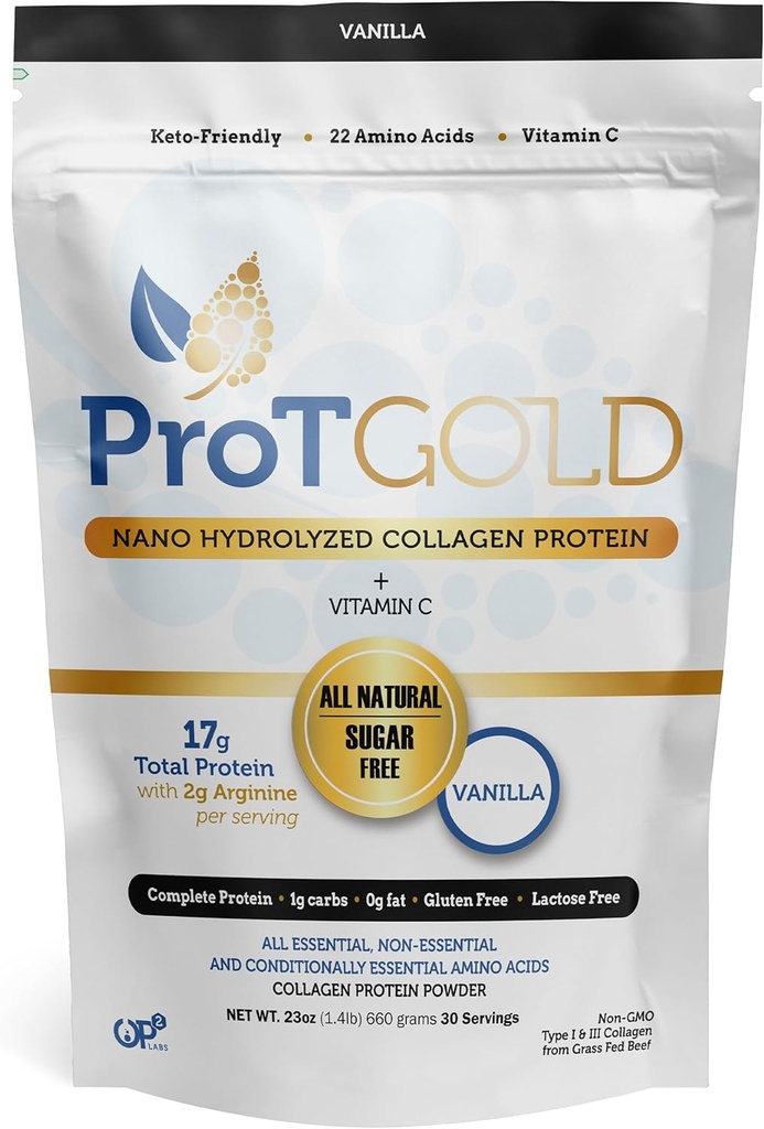 ProT Gold Collagen Protein Toz, 17g Protein Nano-Hydrolyz Grassed Fed Collagen, C, 2g Arginine for Yara Desteği, Gluten Free, All Natural, Fat ve Sugar Free, 0g Carbs, Vanilla, 23 oz, 30