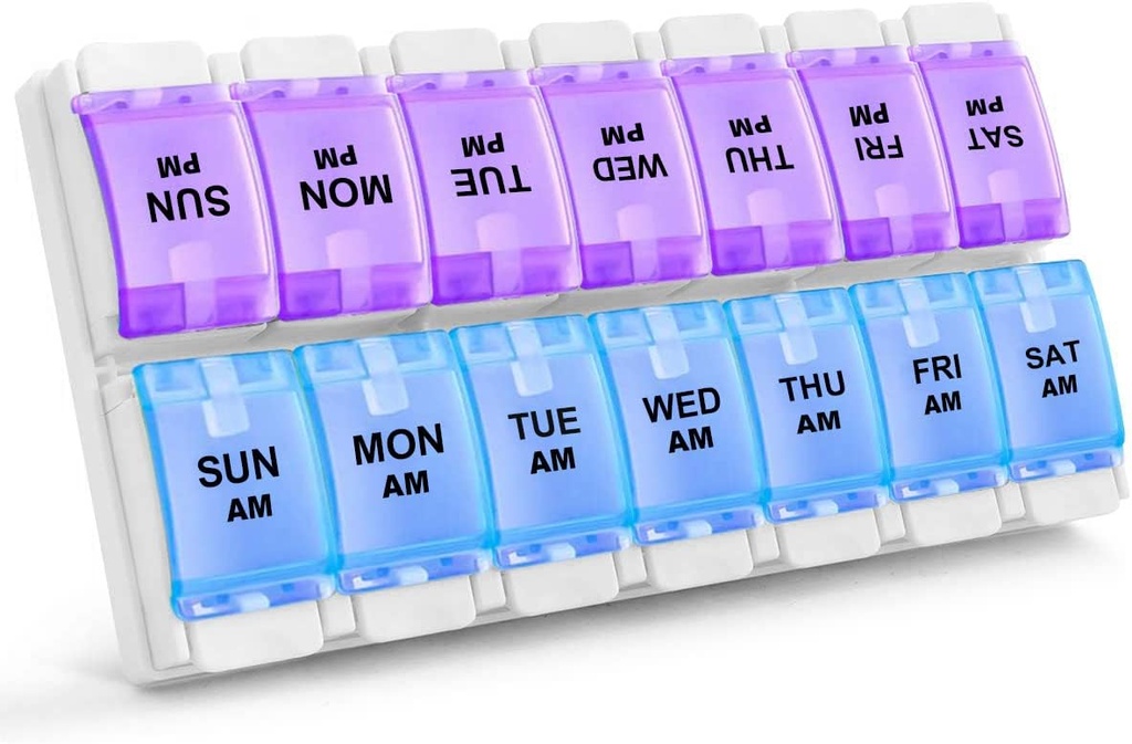 Sukuos AM PM Weekly 7 Day Pill Organizer, 2 Times A Day Pill Box with Arthritis Friendly Push Düğme, Medicine Cases for Vitamin/Fish Oil /Supplements, Easy to Clean (Purple & Blue)