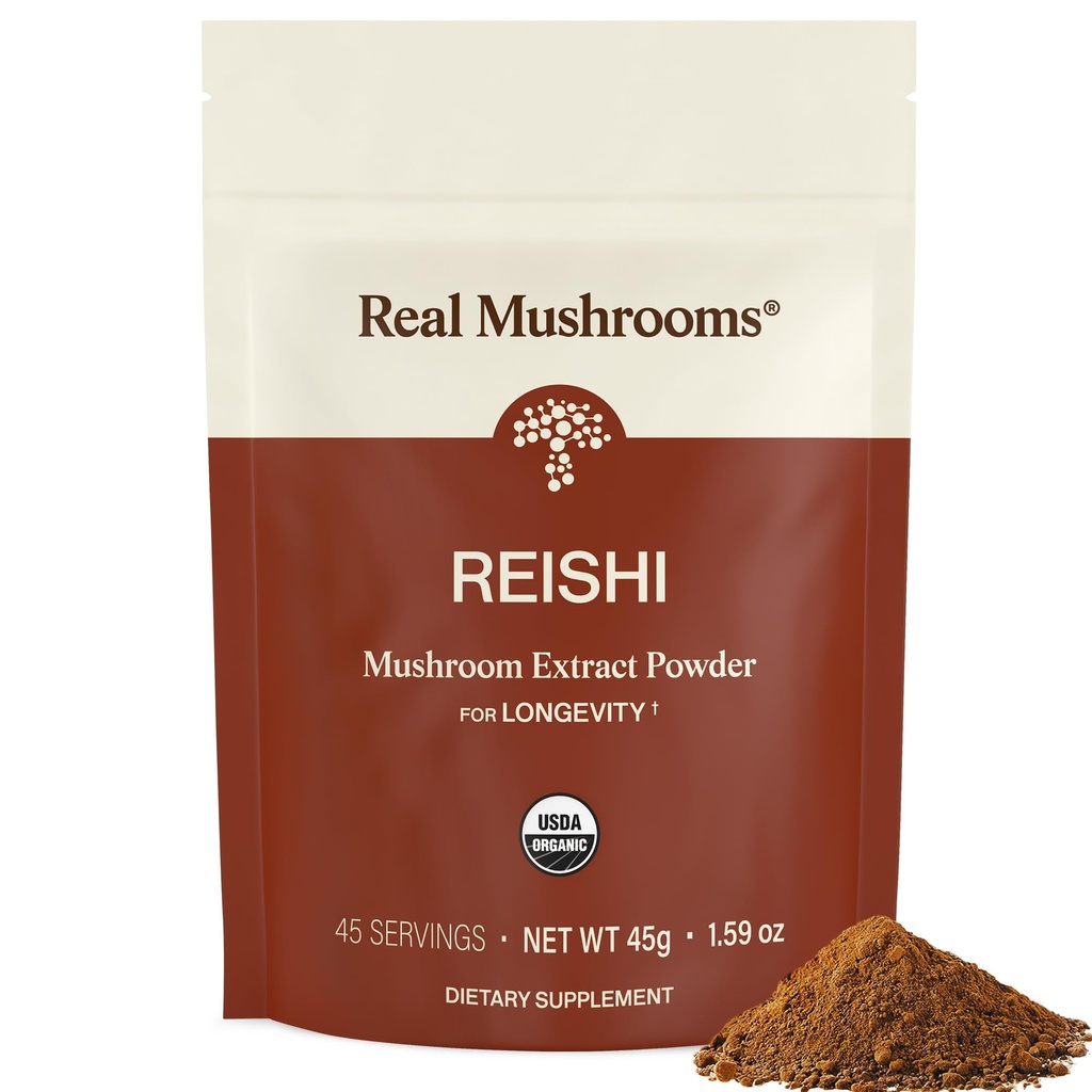 Real Mushrooms Reishi Mushroom Toz - Handpicked Organic Mushroom Extracts - Red Reishi for Tranquil Daily Wellness için Doğrulanmış Beta Glucans Vegan, Non-GMO, Noj Fillers, 45 Servisler