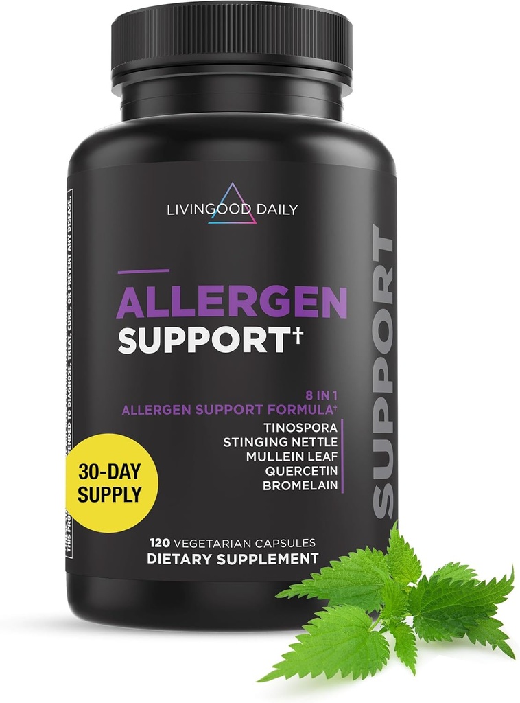 Livingood Daily Allergen Support, Natural Allergy Supplement with Vitamin C, Quercetin, Nettle Leaf, Zinc, Bromelain & Tinospora, Non GMO, Vegan, Immune Support Formula, 120 Vegetarian Capsules