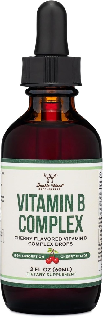 Double Wood Supplements Liquid Vitamin B Complex - 2 Month Supply - Max Absorption - B3, B6, B7 (Biotin), B9, and Vitamin B12 - Cherry Flavor - 2 FL OZ