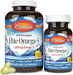 Carlson Elite Omega-3 Gems 1600 mg Omega 3 Fatty Acids Including EPA & DHA - Norveç, Wild-Caught Sustainable Sourced Fish Oil Supplement, Omega 3 Fish Oil Capsules Lemon - 90+30 Softgels
