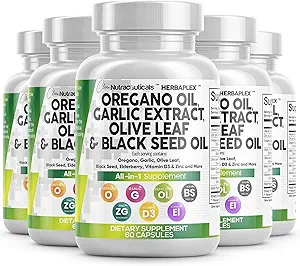 Temiz Nutraceuticals Oregano Oil Garlic Extract Olive Leaf Black Seed Oil- Immune Support & Digestive Health Supplement for Women and Men with Vitamin D3 & çinko - 5Pack