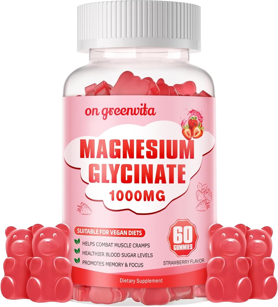 Magnezyum Glycinate Gummies 1000 mg - Sugar Free Magnezyum Pids Supplement with Vitamin D, B6, CoQ10 for Calm Mood & Sleep Support - 60 Strawberry Gummies 1000mg - Sugar Free Magnezyum Pids Supplement with Vitamin D, B6, CoQ10 for Calm Mood & Sleep Support - 60 Strawberry Gummies