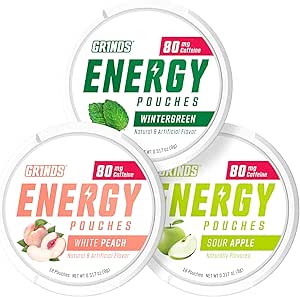 Grinds Energy Pouches - Natural Caffeine Pouches - Contains B-Vitamins, Sugar-Free, & 0 Calories - 80mg of Caffeine in Each Pouch - Wintergreen, Peach, & Sour Apple - 3 Pack, 15 Pouches Per Can