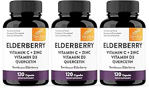 Sandhu's Elderberry Vitamin C and Zinc with Vitamin D3 & Quercetin | Supplement Capsules for Men & Women | Supports Immune Health | 120 Count (Pack of 3)