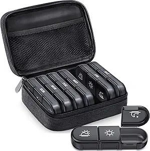 ZIKEE Büyük Haftalık Pill Case Organizer 3 Times a Day, Portatif Işık Kanıt Kanı Pill Box 7 Günlük Gizlilik ve İlaç Mağazanızı Korumak, Vitamin, Fish Oil, Supplement (Black)