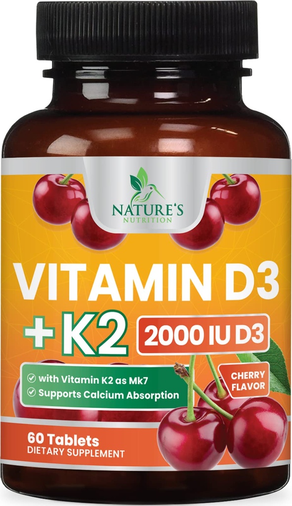 Vitamin D3 K2 Supplement - 2000 IU D3 Per Serving - Extra Strength MK-7 K with Vitamin D3 - For Immune Support, Heart, Teeth & Bone Health - Easy to Swallow D3K2 Chewable, Berry Flavor - 60 Tablets