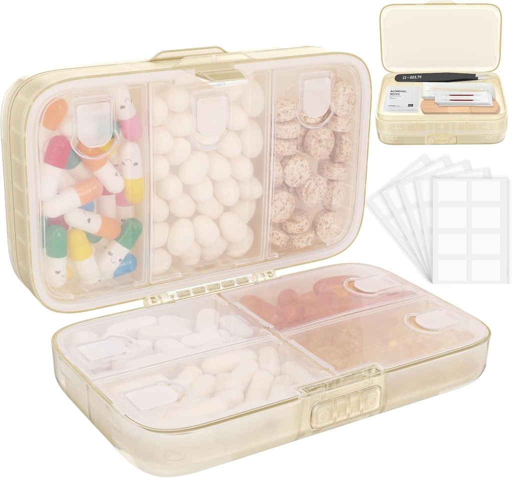 FYY Weekly Pill Organizer with Etiketler,8 Karşılaştırmalar Seyahat Günlük Pill Case Airtight Moistureproof Büyük Pill Box to Hold Vitamins, Fish Oil, Supplements,Cotton Swab ve Bandages-Beige