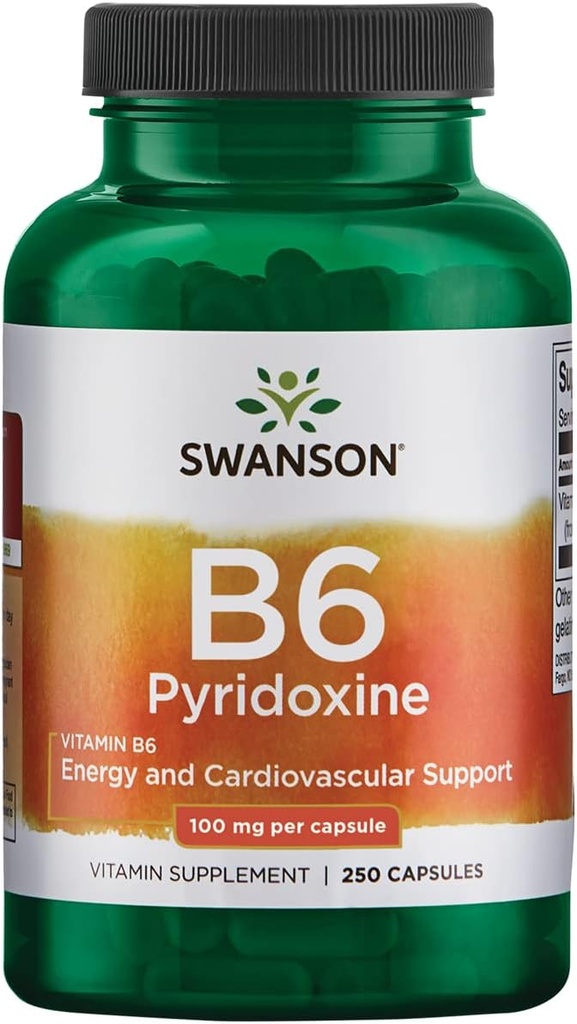 Swanson B6 Pyridoksie - Vitamin Supplement Cardiovascular Health & Energy Metabolism - Doğal Formula Genel Sağlık - (250 Capsules, 100 mg Her)
