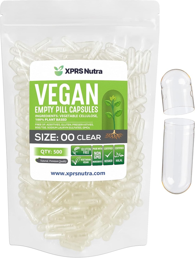 XPRS Nutra Boyutu 00 Boş Kapsüller - 500 Kont Clear Boş Vegan Capsules - Vegetarian Boş Pills - DIY Sebze Kapsülü - Veggie Pill Caps