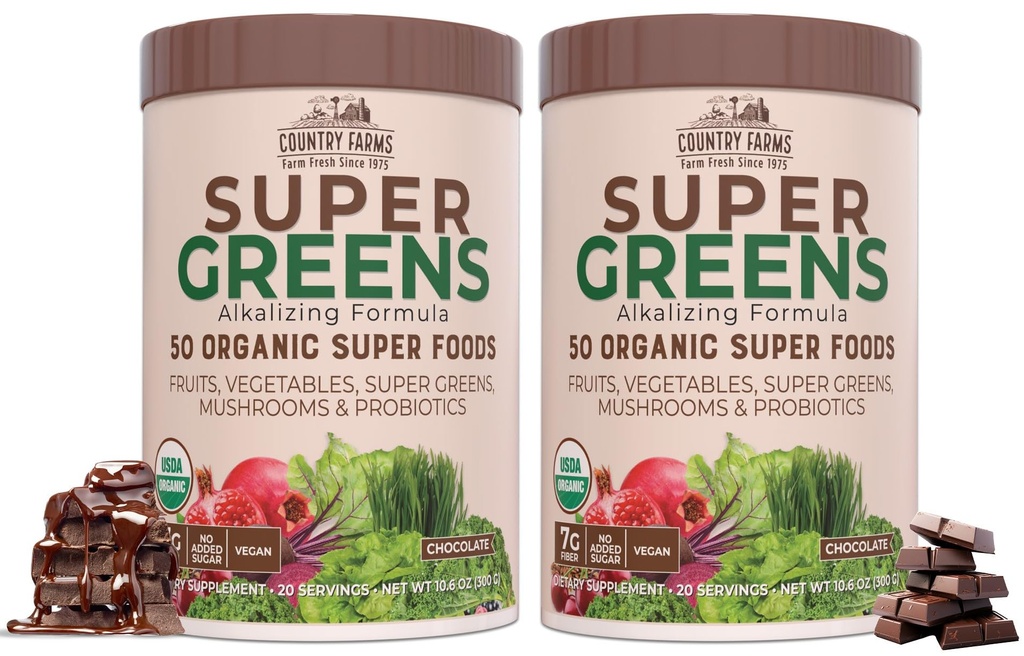 COUNTRY FARMS Super Greens Chocolate Flavor, 50 Organik Süper Gıdalar, USDA Organik İçecek Mix, Meyveler, Sebzeler, Süper Yeşiller, Mushrooms & Probiyotikler, Destekler Enerji, 40 Hizmet, 10.6 Oz, 2 Pack