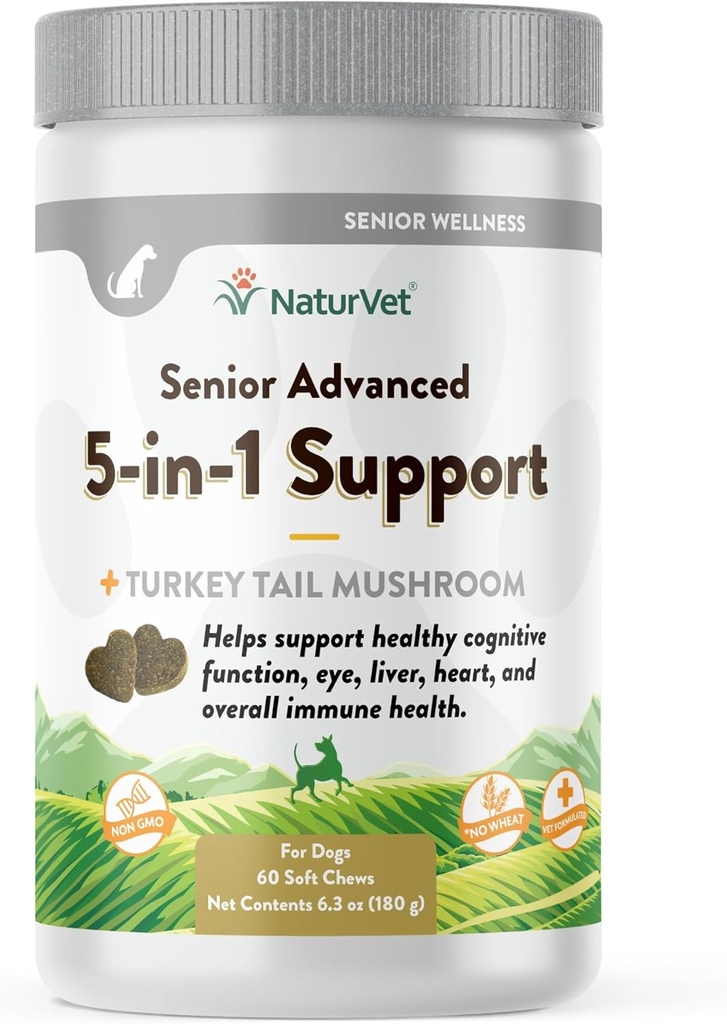 NaturVet Senior Advanced 5-σε-1 συμπλήρωμα υποστήριξης σκύλων – Βοηθά στην υποστήριξη ανοσοποιητικού συστήματος, καρδιάς, ήπατος, γνωστικής λειτουργίας, υγείας ματιών – περιλαμβάνει Ginkgo Biloba, Lutein – 60 Ct.