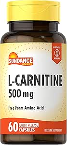 Sundance L-Carnitine Tartrate Supplement 500 mg | 60 Capsules | Free Form replica | Non-GMO ve Gluten Free Pills