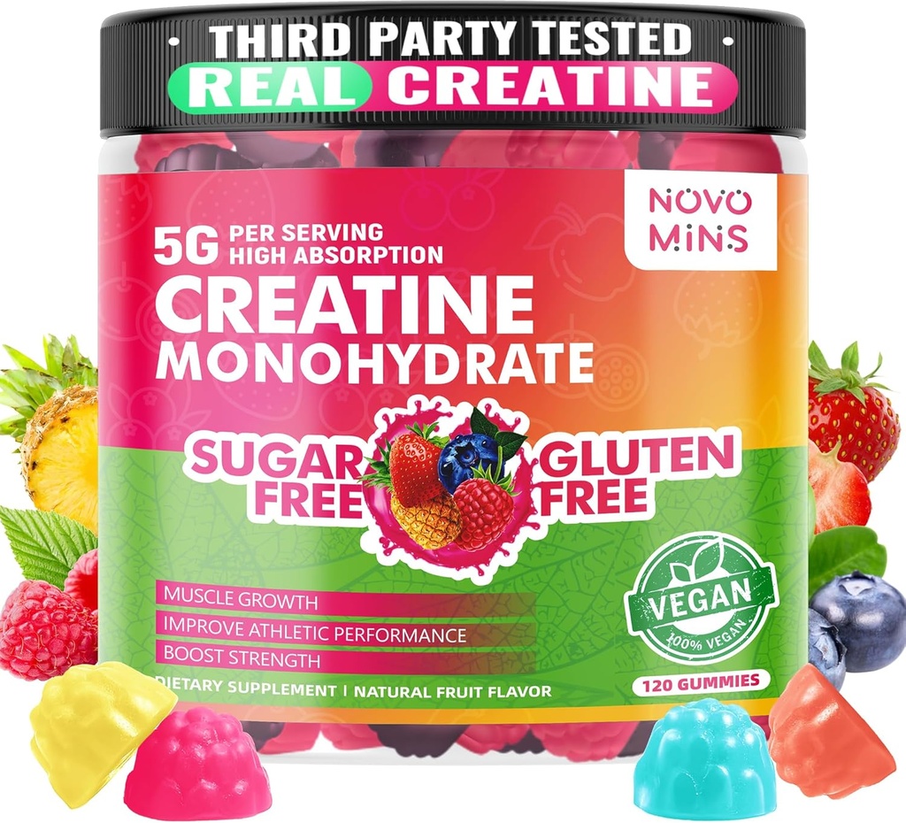 novomins Creatine Monohydrate Gummies 5000mg for Men & Women, Chewables Creatine Monohydrate for Muscle Strength, Muscle Builder, Energy Boost, Pre-Workout Supplement(120 Count)