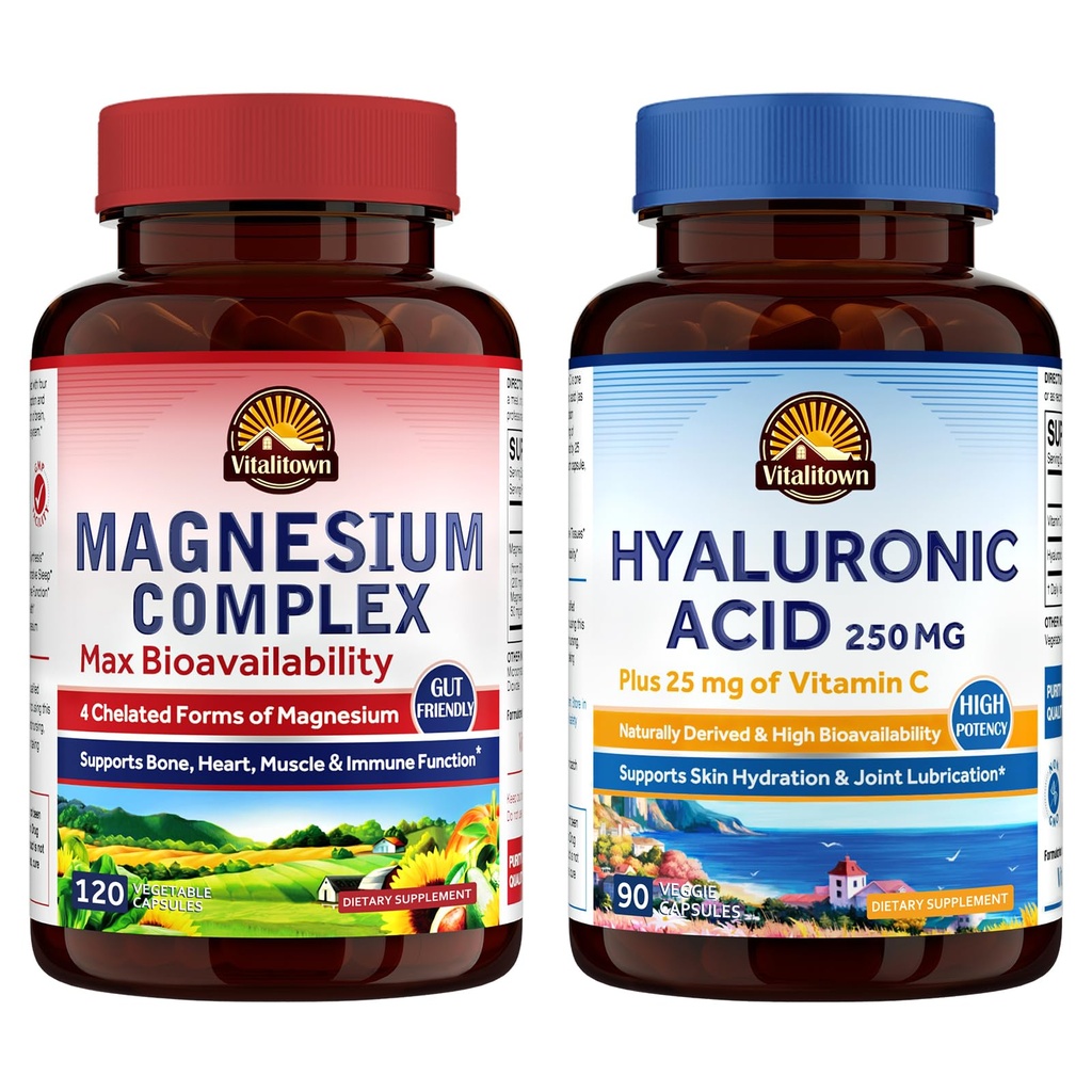 Vitalitown Magnesium + Hyaluronic Acid Bundle| Magnesium Complex (Item 1) & Hyaluronic Acid Plus Vitamin C (Item 2) | 120 Magnesium Capsules & 90 Hyaluronic Acid Capsules