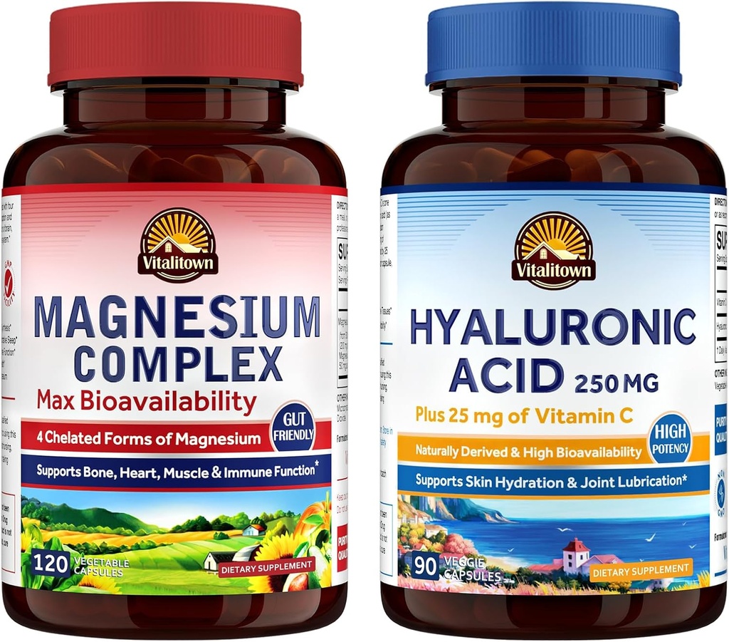 Vitalitown Magnezyum + Hyaluronic Acid Sche / Magnezyum Kompleksi (Item 1) & Hyaluronik Asit Plus C (Item 2) | 120 Magnezyum Capsules & 90 Hyaluronic Acid Capsules