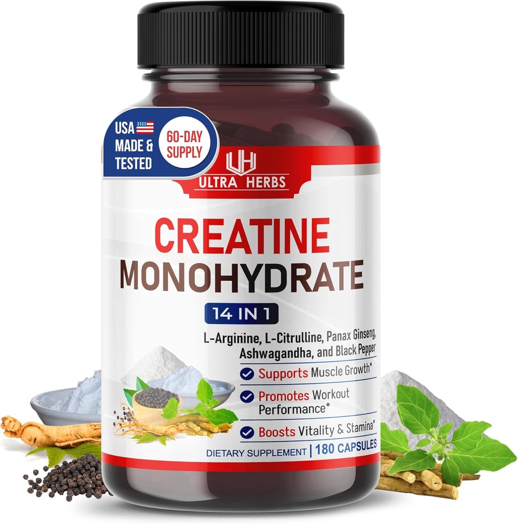 Ultra Creatine Pills | Creatine Monohydrate Capsules Enhanced with L-Arginine, L Citrulline, Ginseng | Support Stamina, Energy & Muscle Growth | 180 Capsules