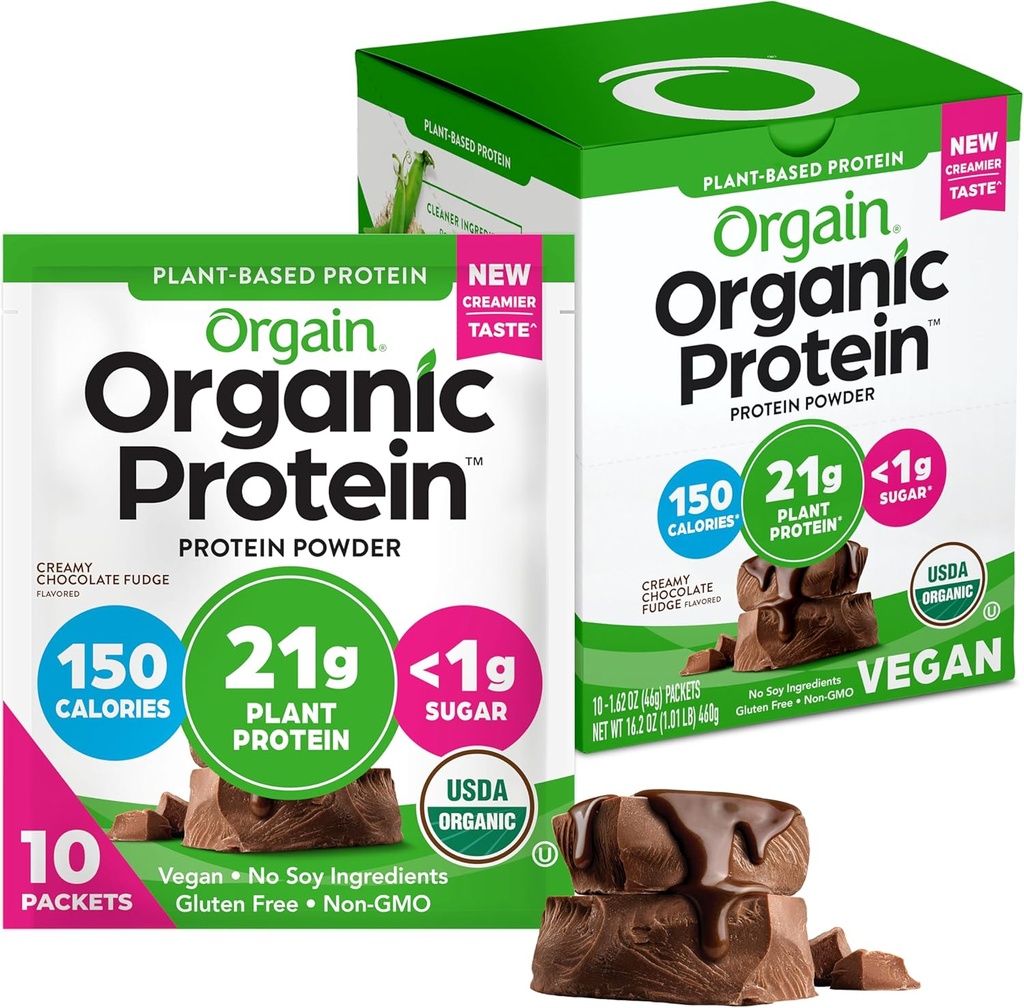 Orgain Organic Vegan Protein Powder, Creamy Chocolate Fudge - 21g Πρωτεΐνες φυτών, 6g Προβιοτικές Ίνες, Χαμηλή Καρβίδα, Χωρίς Συστατικά Λακτόζης, Χωρίς Προστιθέμενη Ζάχαρη, Μη ΓΤΟ, Για Ανακινήσεις & Smoothies, 10 ταξιδιωτικές συσκευασίες