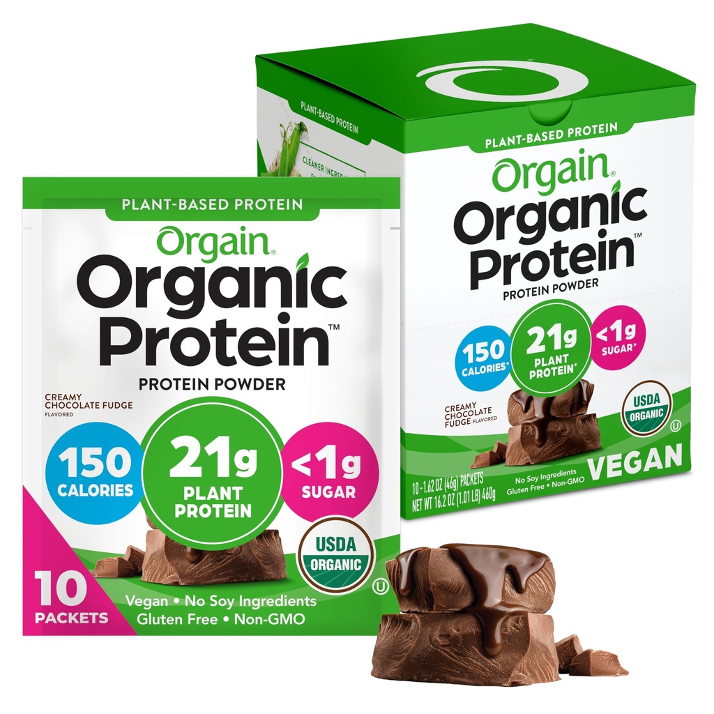 Orgain Organic Vegan protein Toz, Kremy Chocolate Fudge - 21g Plant Protein, 6g Prebiyotik Fiber, Low Carb, No Lactose Materialss, NoEDIT Sugar, Non-GMO, For Shakes & Smoothies, 10 Travel Packs