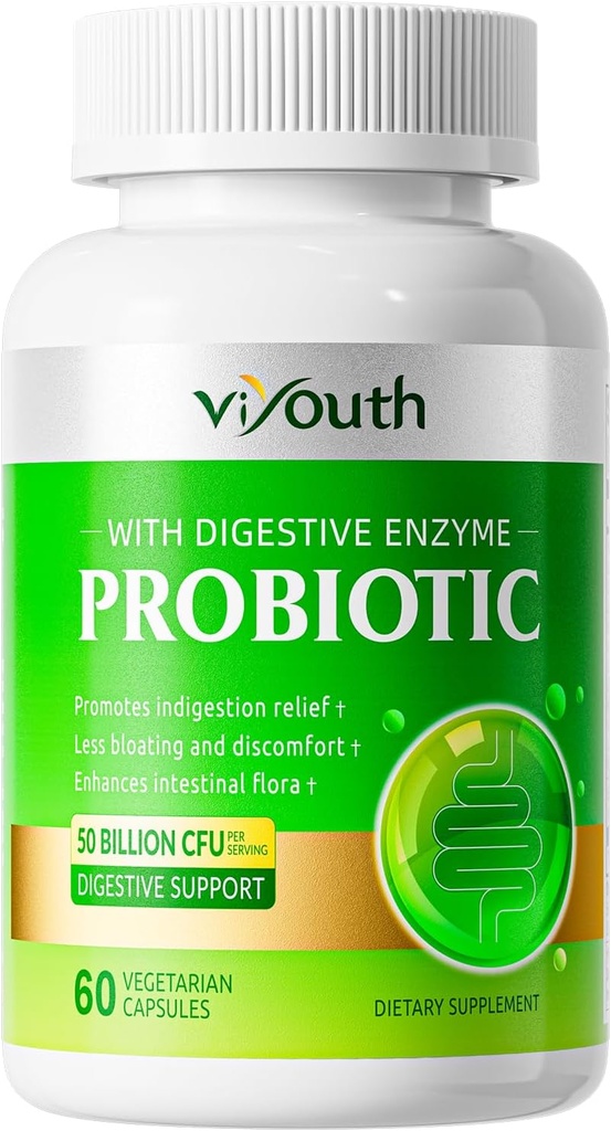 Kadınlar ve Erkekler için Probiyotik 50 Milyar CFU 18 Strains & 5 Digestive Enzymes for Gut Health, Immune - Probiyotiks Capsules Supports Gas & Bloating, Natural, Non-GMO, Gluten Free, 60ct