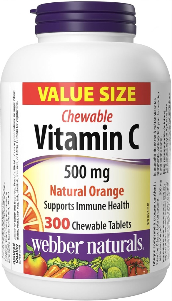 Webber Naturals Vitamin C, 300 Chewable Orange Tabletler, 500 mg C Per Tablet, Bones, Dişler, Immune ve Antioksitoksik Destek