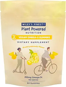 Wiley'S Finest Vegan Omega-3 Gummies - Natural Sugar - Vegetarian Dha, Ala & Sda - Gluten Free - Lemon Flavor, 60 Gummies