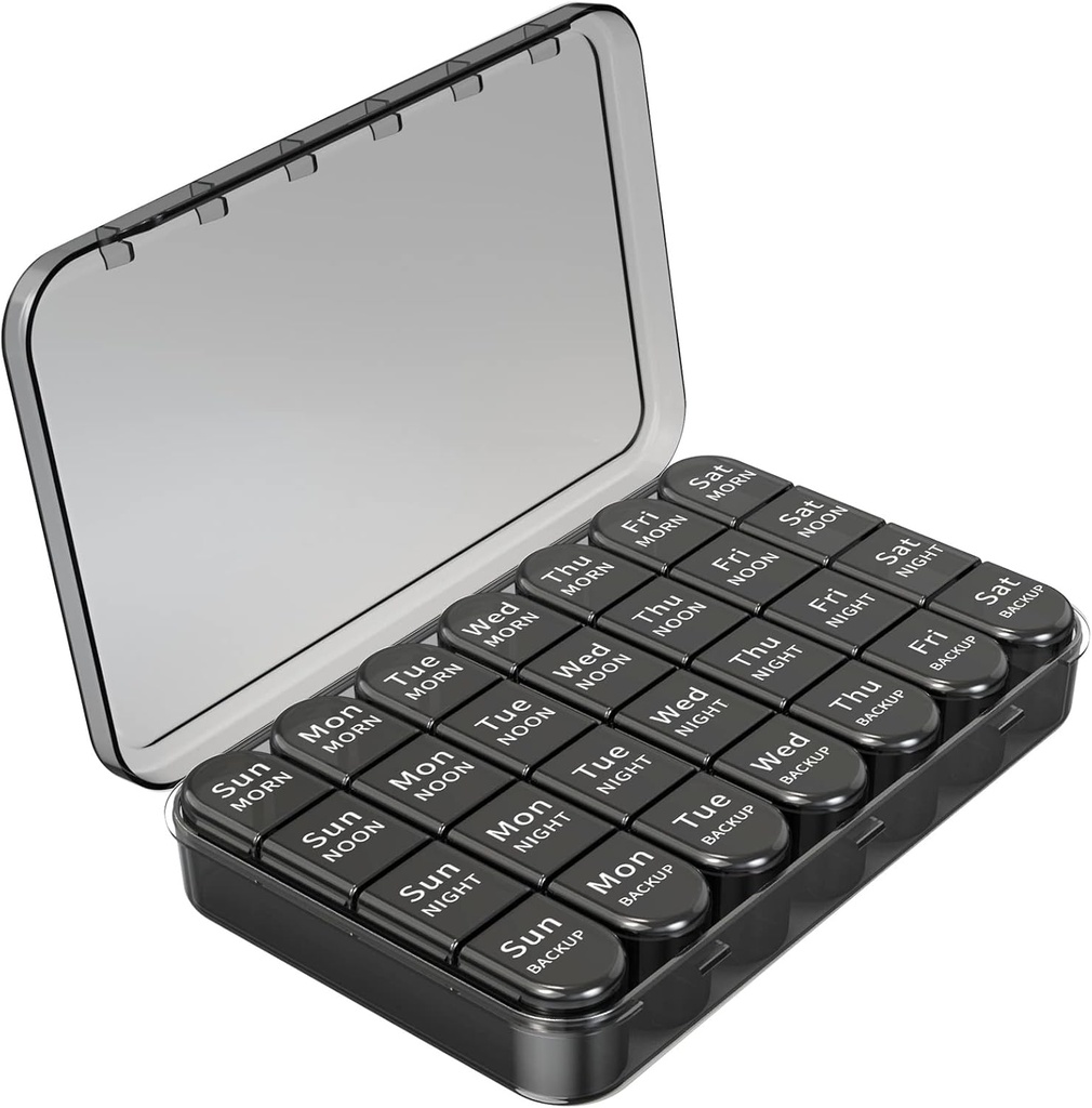 Daviky Weekly Pill Organizer 4 Times a Day, Büyük Kapasite 7 Günü Pill Box, Daily Medicine Organizer for Travel with 28 Karşılaştırmalı İlaç, Vitamin ve Supplement (Black)