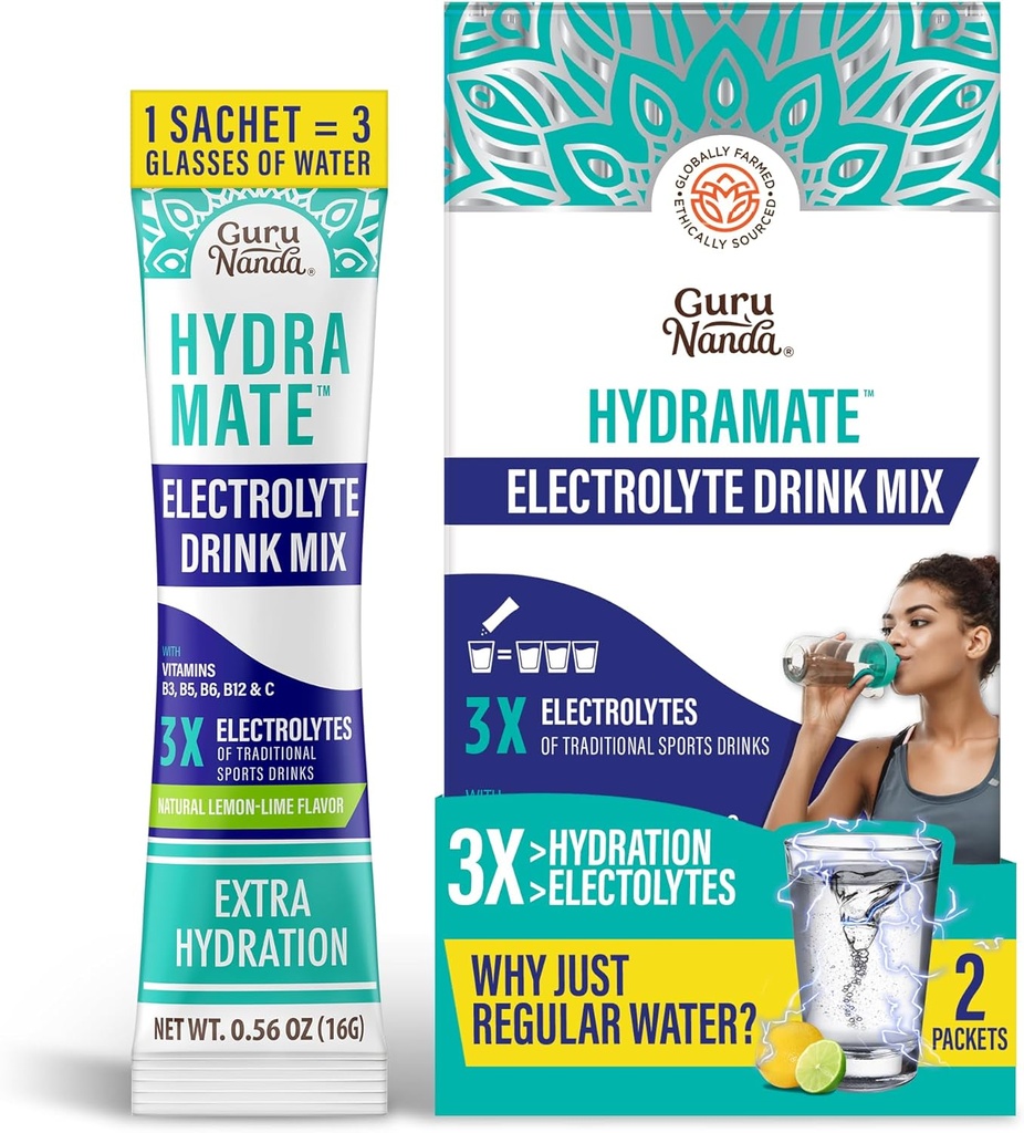 GuruNanda Hydration Support Drink Mix - Elektrolyte Toz Paketleri Dehidrasyon, Egzersiz ve Enerji - Sweeteners, Non-GMO, Natural Lemon Lime Flavor - 2 Count (0.56 oz Her)