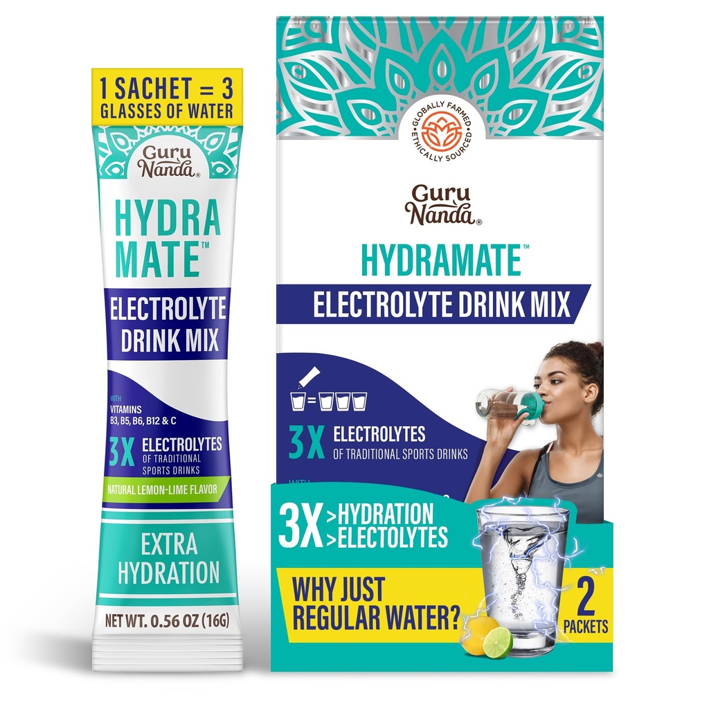 GuruNanda Hydration Support Drink Mix - Elektrolyte Toz Paketleri Dehidrasyon, Egzersiz ve Enerji - Sweeteners, Non-GMO, Natural Lemon Lime Flavor - 2 Count (0.56 oz Her)