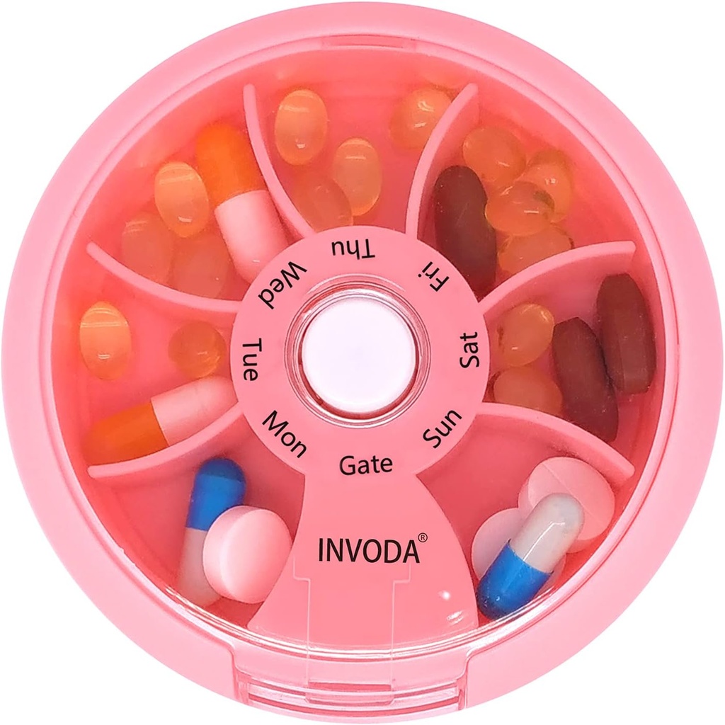 INVODA Weekly Pill Organizer 7 Karşılaştırmalı Günlük İlaçlar ve Vitaminler için Pill Box - Portatif Seyahat Pill Case Fish Oil Supplements Aeros Organizer (Pink)