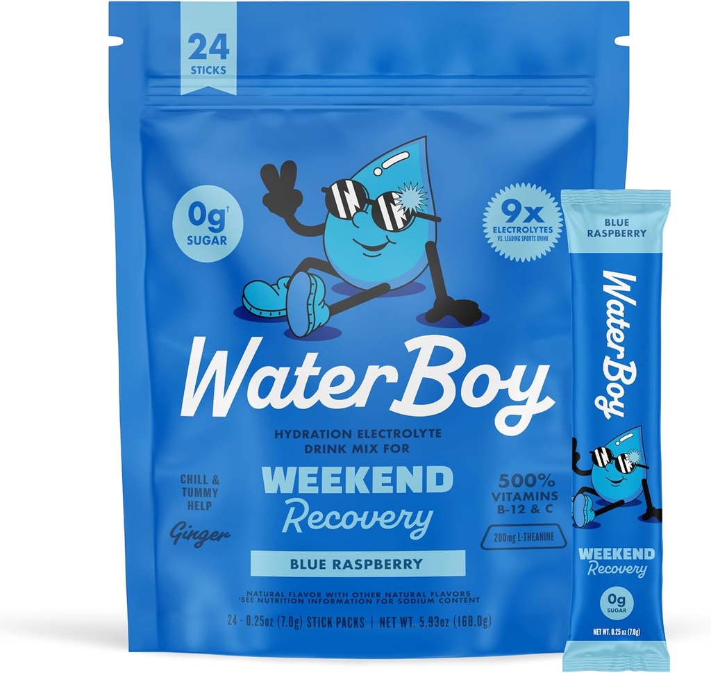 Waterboy Weekend Recovery | 3,200 mg Electrolyte Toz Paketleri | Ginger + L-Theanine + Vitaminler | No Sugar, All Natural, Gluten Free | 24 Irma Mixes (Mavi Raspberry)