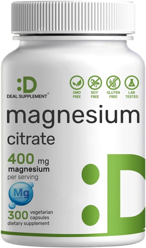 Magnezyum Citrate 400 mg Per, 300 Veggie Capsules – Chelated, Easy Absorbed, Purified Trace Mineral – Kas, Heart, & Digestive Support – Non-GMOMO