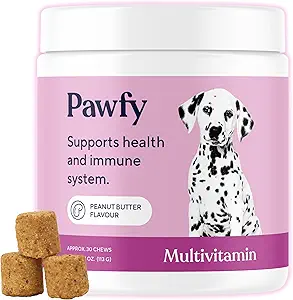 Pawfy Dog Multivitamins 15 in 1 | Dog Vitamins for Skin & Coat - Supports General Wellness | Advanced Senior Dog Supplements from Occasional Itching | Puppy Tasty Vitamin C Chews - 30 Count