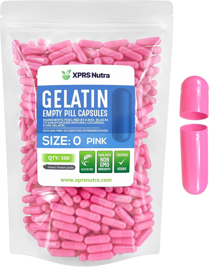 XPRS Nutra Boyutu 0 Boş Kapsüller - 500 Kont Boş Gelatin Capsules - DIY Capsule için Pills - Pure Bovine Pill Gel Caps For Do-It- Yourself Supplements (Pink)