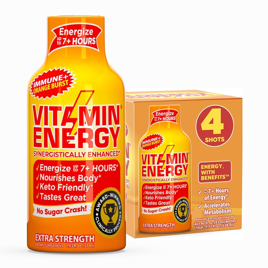 Enerji Vitamini Immune+ Ekstra Kuvvetli Enerji Shot – Orange Burst –% 100 DV B-Vitamins & 260 mg Caffeine – Zero Calories, Sugar-Free, Vegan, – Immunity & Energy Support – 1.93 fl oz, 4-Pack