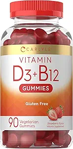 Carlyle Vitamin D3 + B12 Komplek Gummies | 90 Kont | Vejetary, Non-GMO ve Gluten Free Formula | Strawberry Flavor Supplement