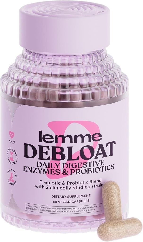 Lemme Debloat 3-in-1 Prebiyotik, Probiyotik & Digestive Enzyme Capsules for Bloating & Gas Relief - 2 Klinik olarak Studied Probiyotiks w/5 Digestive Enzymes to improve Digestion, Women & Men, (60 Count)