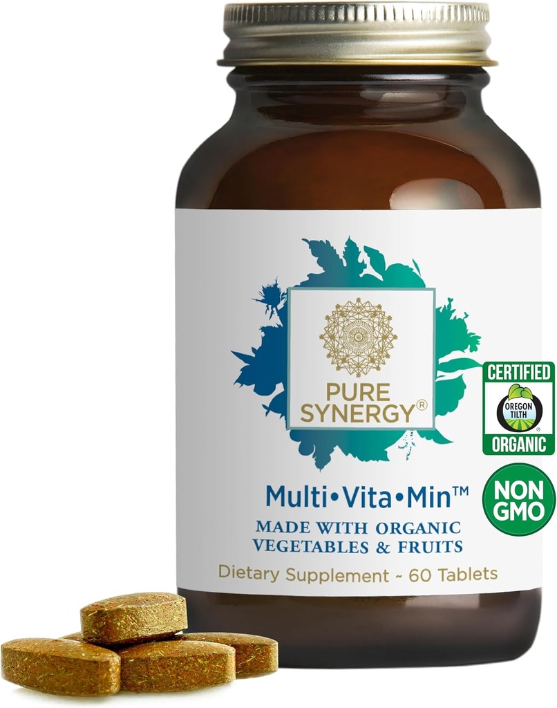 PURE SYNERGY Multi·Vita·Min | Vegan Multivitamin Organik Tüm Gıdalar ile Yapıldı | Erkekler ve Kadınlar için Zamanlı Tamam | Enerji için Core Nutrients, Mood, Immune ve Bone Health (60 Tablet)