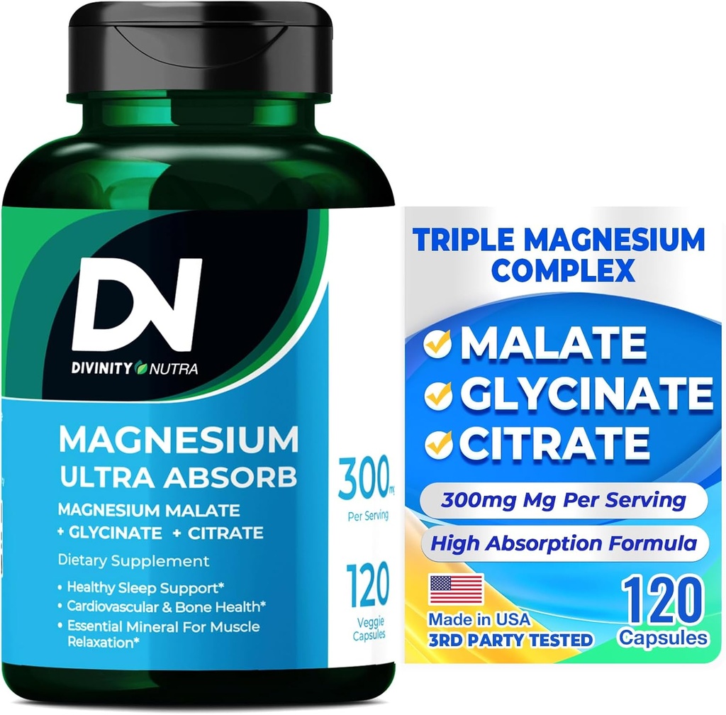 Divinity Nutra Triple Magnezyum Kompleksi Tamam,300 mg of Magnezyum Glycinate, Malate & Citrate for Muscles, Nerves, & Energy, High Abxia, 120 Vegan Capsules,Non-GMO USA Made Made Made Made