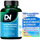 Divinity Nutra Triple Magnesium Complex Supplement, 300mg Μαγνήσιο Γλυκινικό, Μηλεϊνικό & Κιτρικό για τους μυς, τα νεύρα, & την ενέργεια, την υψηλή απορρόφηση, 120 Vegan Κάψουλες,Non-GMO ΗΠΑ Κατασκευασμένο