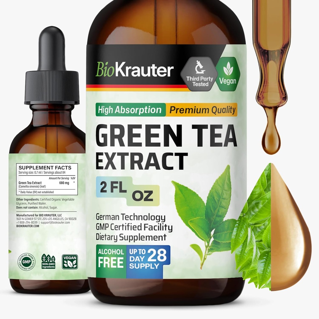 BIO KRAUTER Green Tea Extract Υγρές σταγόνες - Πράσινο τσάι Συμπληρώματα - Αντιοξειδωτική πηγή - Αλκοόλ και ζάχαρη Δωρεάν - 2 FL.Oz.